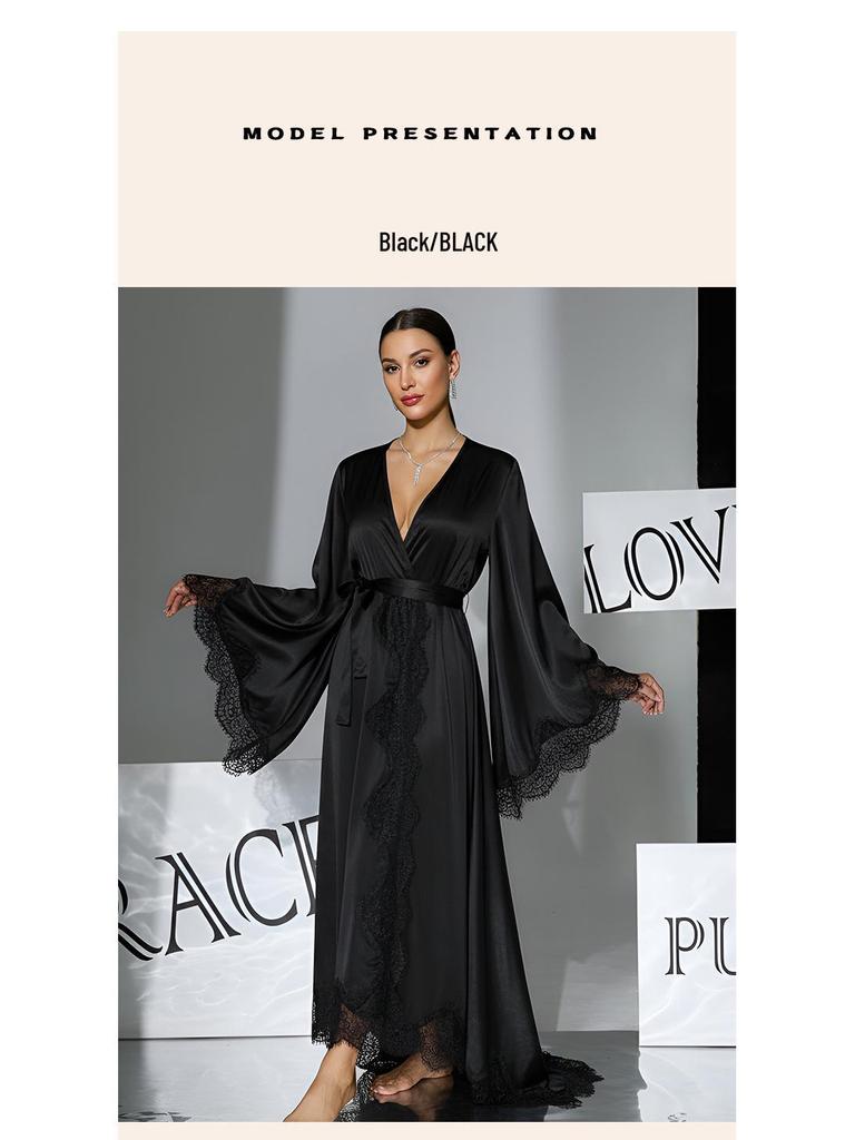 Black & White Satin Morning Robe with Flared Sleeves, Lace Accents, Long Style, Tie Belt, and Train Hem