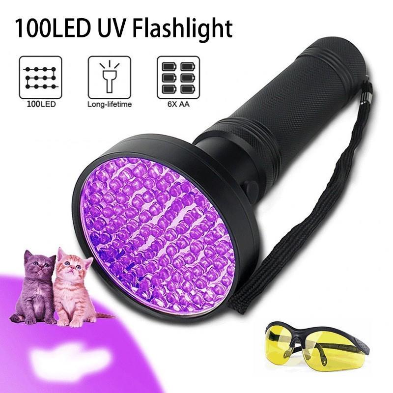 100 LED UV Purple Flashlight for Fluorescent Detection, Ultraviolet Disinfection, Anti-Counterfeiting, and Scorpion Detection.