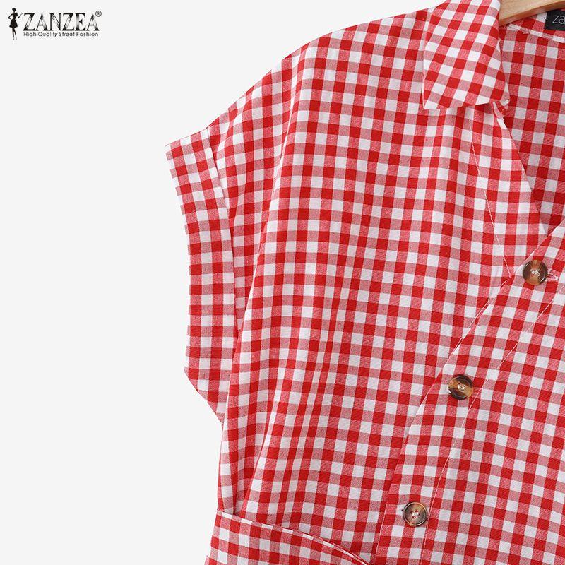 ZANZEA Women Casual V-Neck Short Sleeve Plaid Print Dress