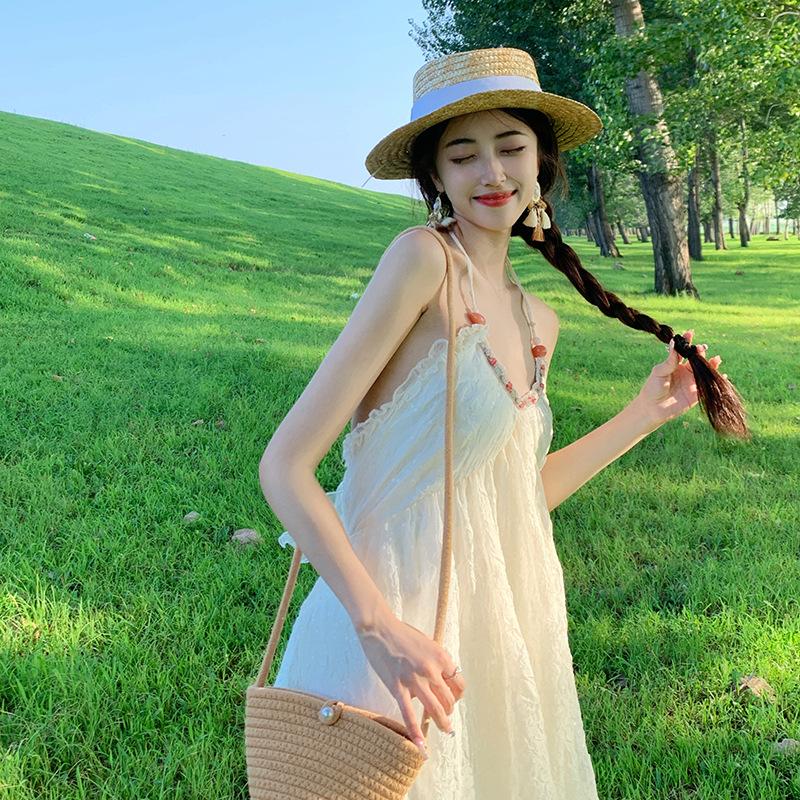 White Seaside Vacation Big Halter Neck Suspender Dress New Feminine Summer Fairy Skirt