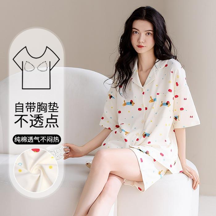 

Spot popular cotton pajamas with chest pads women s summer short-sleeved shorts cardigan loungewear two-piece set M