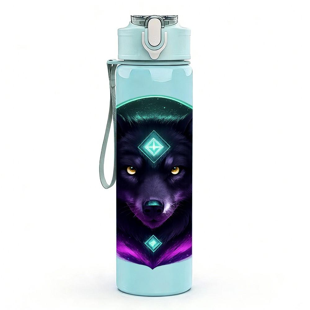 1PC Purple Glowing Wolf Head 750ml Color Plastic Sports Water Bottle Leakproof Flip Straw Lid Suitable for Sports Office Home Use