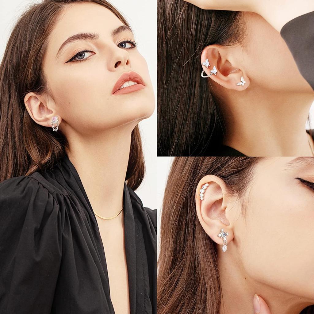 Bobisty 16G Cartilage Earrings for Women Stainless Steel Helix Piercing Jewelry Leaf Butterfly CZ Studs