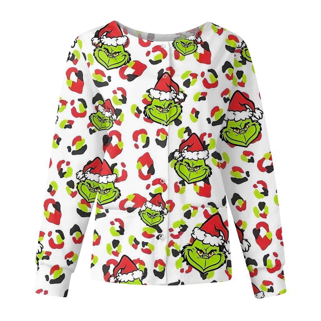 Women's Casual Fashion Long Sleeve Standing Collar Single Breasted Christmas Print Workwear Jacket Tops