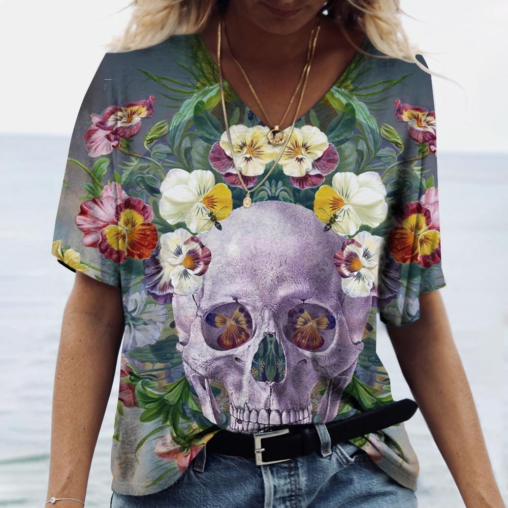 Summer V-neck 3D Skull Rose Print Top Fashionable Casual Short Sleeved Women's T-shirts