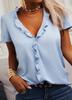 Women's Ruffle V Neck Short Sleeve Blouse Loose Fit Commuter Style Solid Color Casual Shirt Top