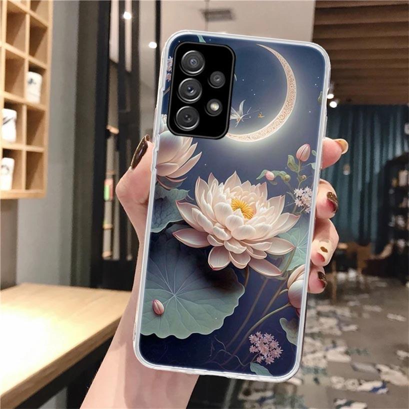 Lotus Blue White Flowers Soft Phone Case For Samsung Galaxy A52 A42 A32 A12 A22 A51 A50S A30S A20S A10S A71 A41 A31 A21S A40 A20