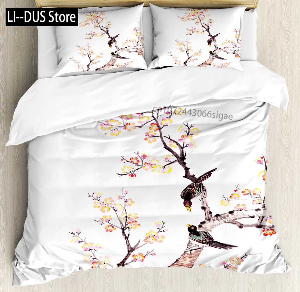 Chinese Traditional Painting Bedding Set Pink Plum Blossom Comforter Cover Set Full Size for Adults Teens Bedroom Decor 3pcs