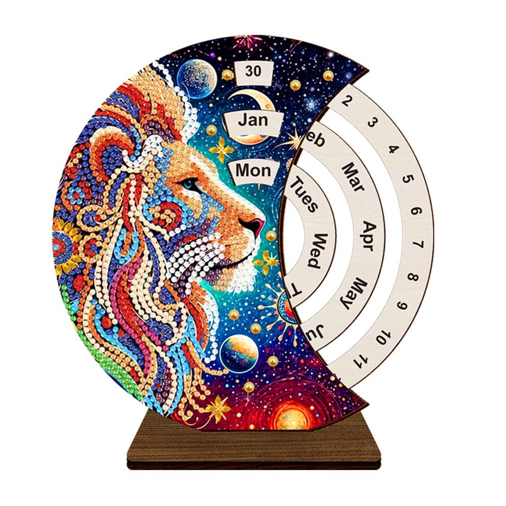 Wooden Special Shaped DIY Diamond Painting Moon Perpetual Calendar Diamond Handmade Rotating Calendar Desk Decor for Beginners