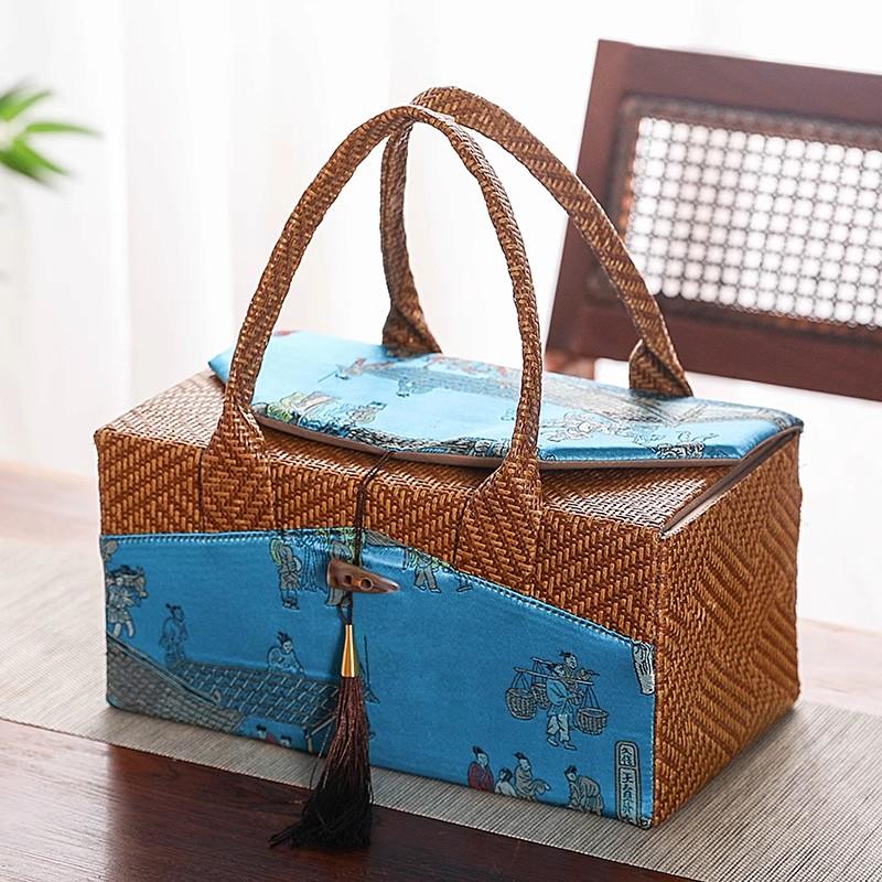 Retro látková úložná taška Ratanová pletená kabelka Kelímky Uzavřená plechovka na čaj Dárková krabička Vnitřně oddělený Venkovní cestovní organizér