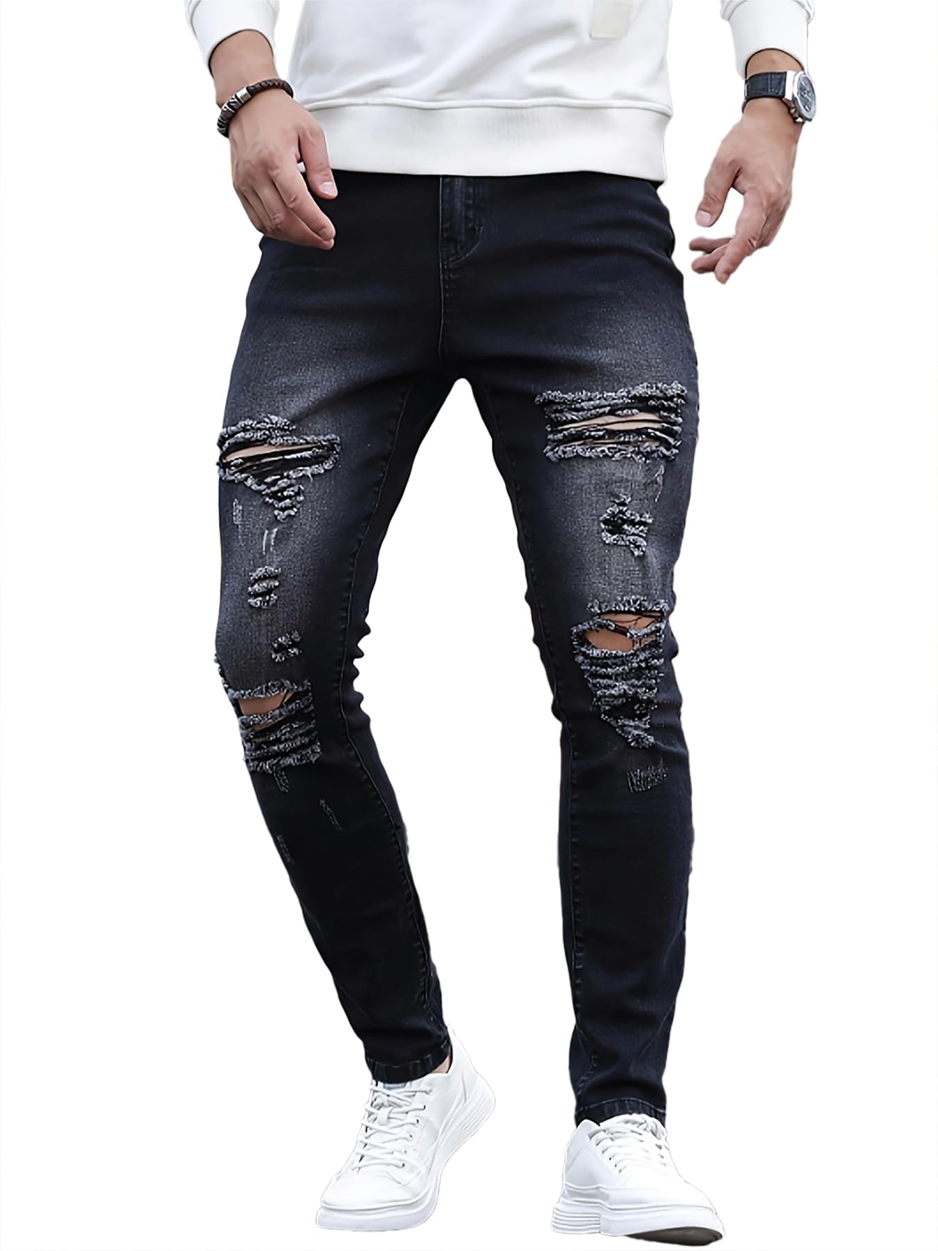 [Petit de Francais] Black Men s Jeans, White Denim Men s Skinny Pants, Distressed Jeans D-48 (30, Standard, Black)