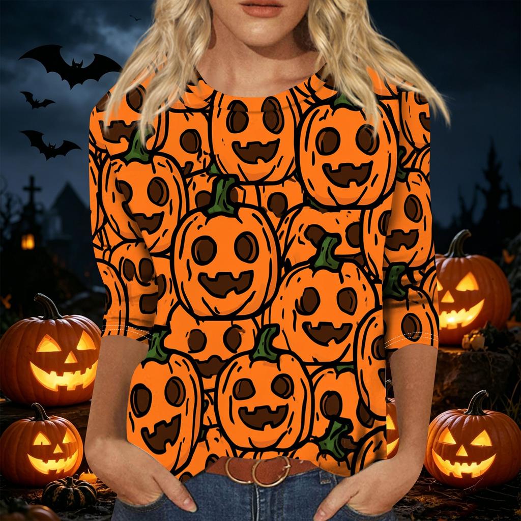 Women's Casual 3/4 Sleeve Halloween Print Pullover Top Round Neck Lightweight Loose Fit Shirt for Fall and Everyday Wear