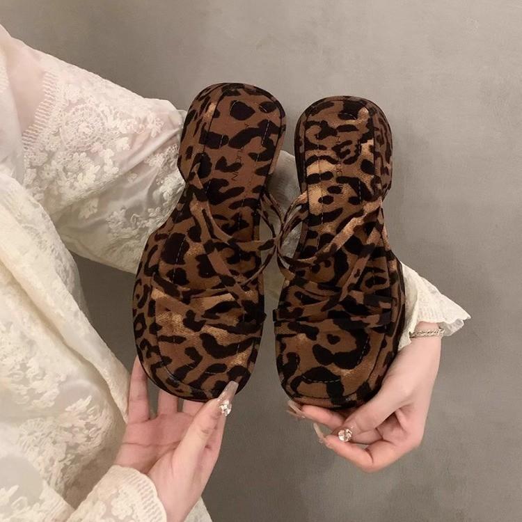 Fashion leopard print sandals women's muffin thick-soled one-word slippers women's summer new thick-soled wedge sandals