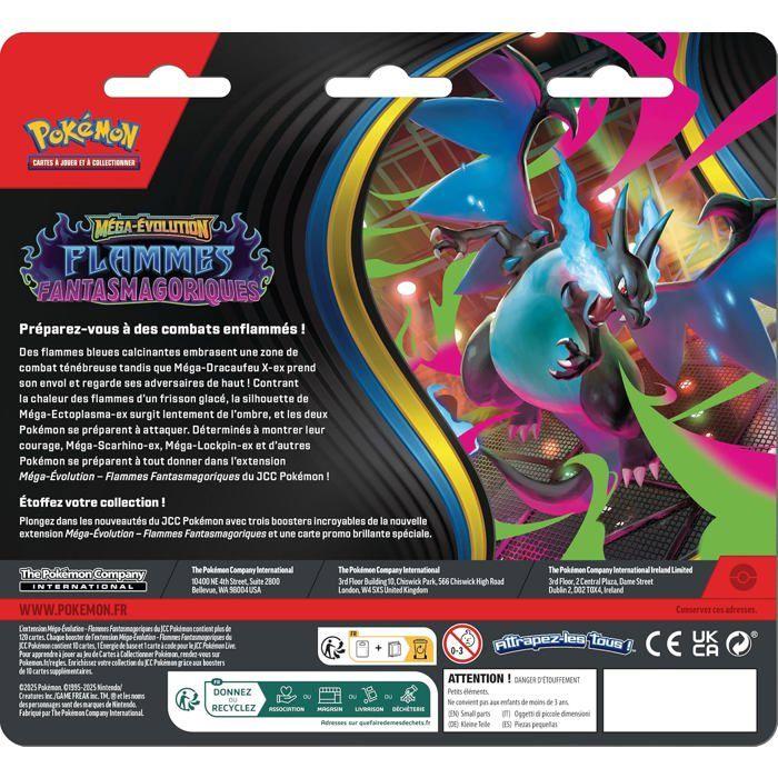 Blister de 3 boosters - POKEMON - Méga-Évolution – Flammes Fantasmagoriques - 1 carte promo brillante - Couleur bleu - Dès 3 ans