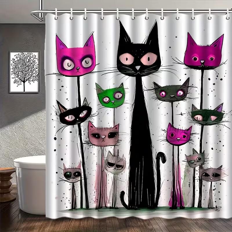VIKAMA Cartoon Cat Print Shower Curtain Easy Care Nordic Style Bathroom Wet/Dry Separation Healing and Adorable Atmosphere