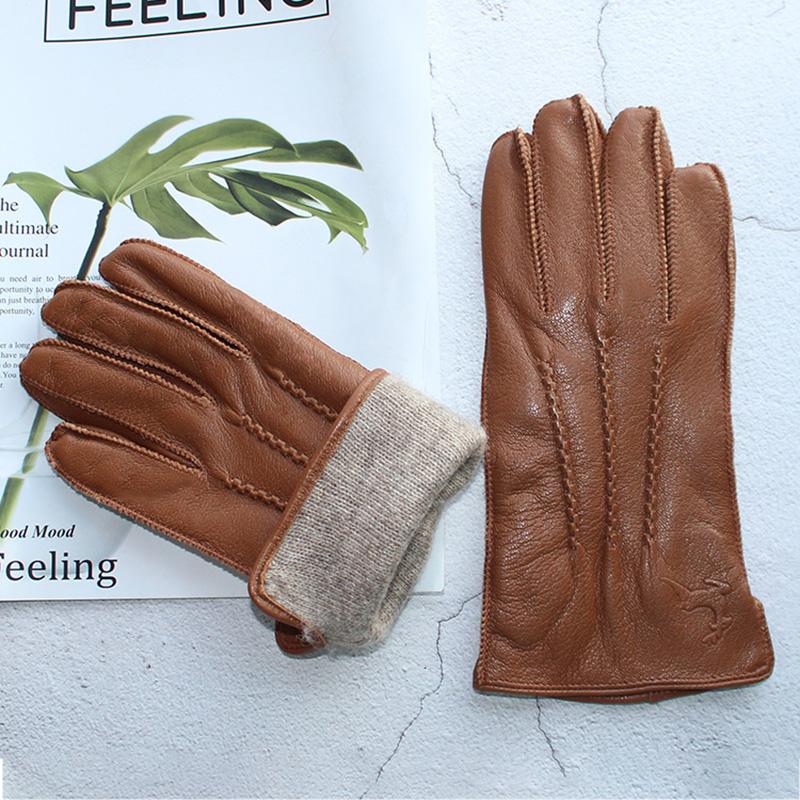 Goatskin Deerskin Gloves Men's Autumn Thin Wool Winter Plus Cashmere Cold and Warm Yellow-Brown Finger Leather Gloves