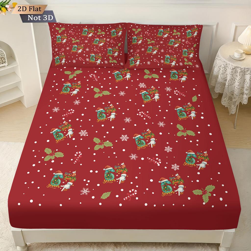 3pcs Merry Christmas 67 Red Printed Chipless Bed Sheet Set Multi Size Soft Bed Cover Bedding Machine Washable