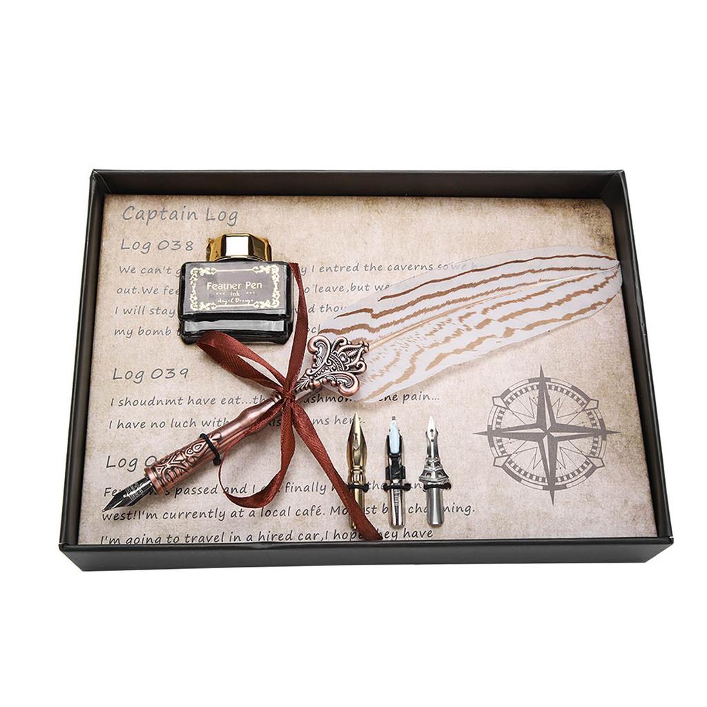 Retro Classical Fountain Pen Feather Dip Pen Ink Bottle Set Stationery Gift Birthday Box White