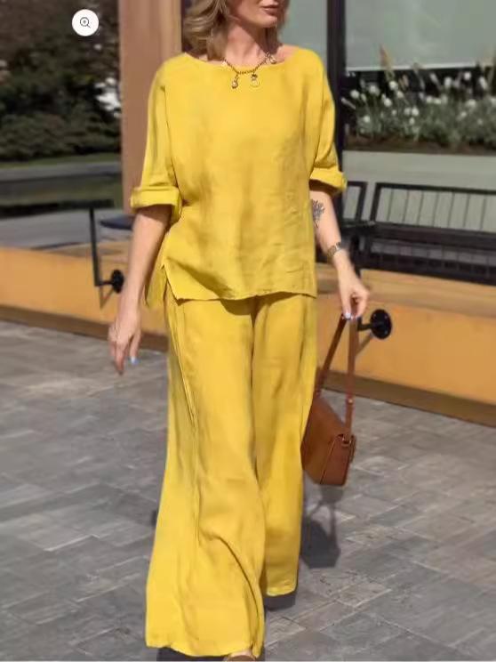 European & American 2025 Fall Women's Cotton Linen Solid Color Loose Casual Two-Piece Pant Suit