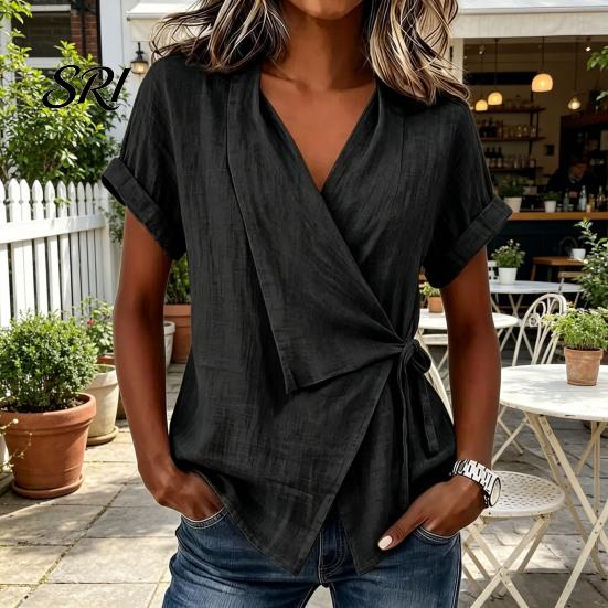 Seitenbindebluse Damen Oberteile V-Ausschnitt Kurzarm Einfarbige Bluse mit Sommer Unregelmäßiger Lockere Passform T-Shirt Tägliches Oberteil
