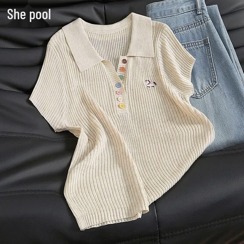 Women s Slim Fit Wool Blend Lapel Knit Short Sleeve Top One Size