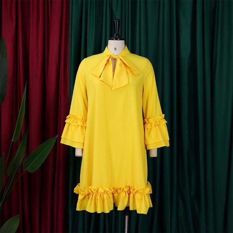 Plus Size Womens Dresses Spring Summer Casual Loose Ruffle Sleeve Tie Solid Color