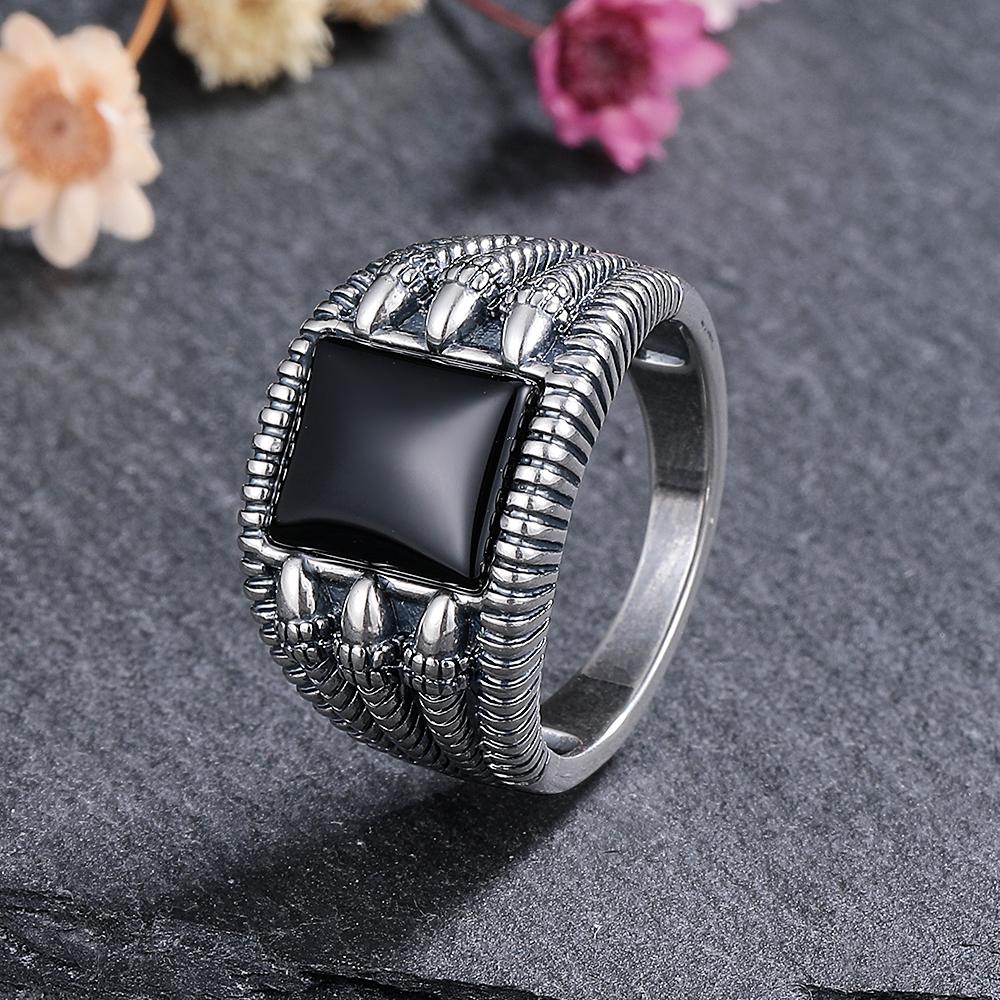 CopperJewelry Ring Natural 8*10mm Square Claw Big Black Agate Stone Vintage Ring for Women Party Gifts
