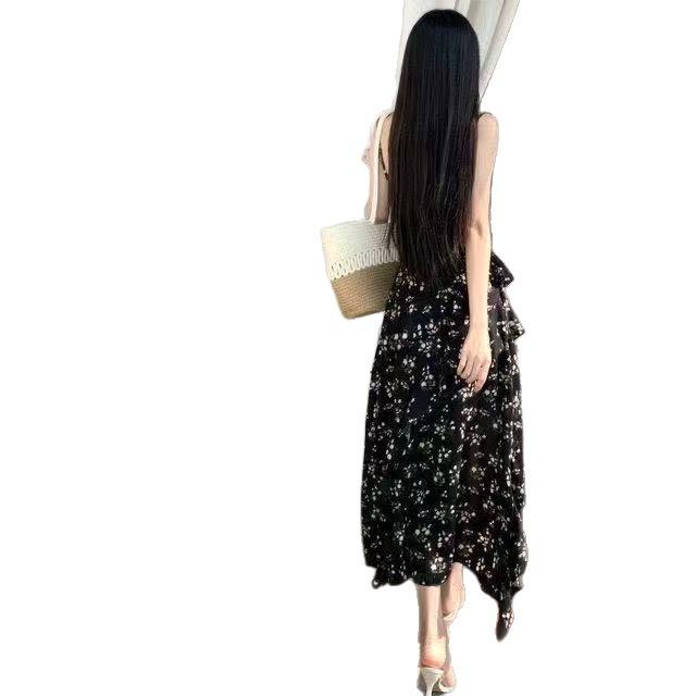 Black Floral Camisole Dress for Women - 2025 Summer Retro Mid-Length with Waist Slimming Design