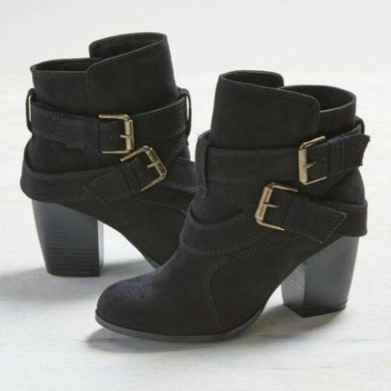 Invierno nuevo botas cortas para mujer Punta redonda exterior antideslizante zapato Hebilla de cinturón de moda bota sin cordones Zapatos de tacón grueso para mujer comodidad
