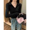 Kumikumi Gyaru Style Polo Collar Solid Long sleeves Shirt Women clothes Autumn Chic Age-Reducing Slimming Slim fit Top