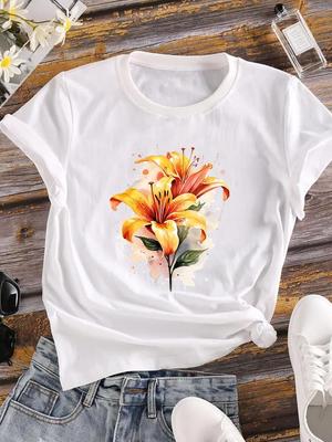 (Asian Size) Clothing Sweet Watercolor Trend Cute Fashion Print Women Casual Top Lady Female  Short Sleeve T Shirt Tee Graphic T-shirts