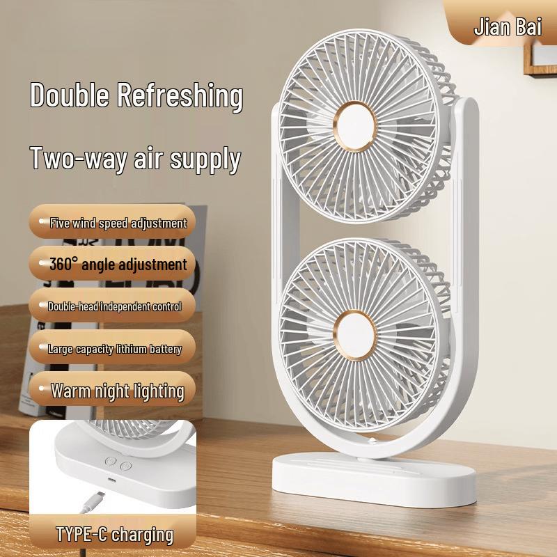OLOEY Dual-Head Rechargeable Desk & Camping Fan with Light