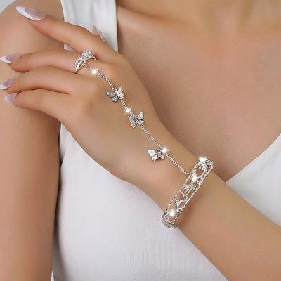 Culoare Argintie Cristal Zircon Fluture Lanț de Mână Inel de Deget Conectat Brățară pentru Femei Brățări cu Strass Bijuterii de Petrecere
