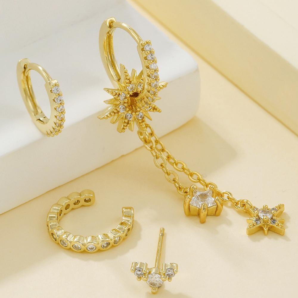 Vintage Stainless Steel Cubic Zirconia Sun Star Dangle Earrings Punk Rock Long Chain Huggies Earring Cartilage Piercing Jewelry