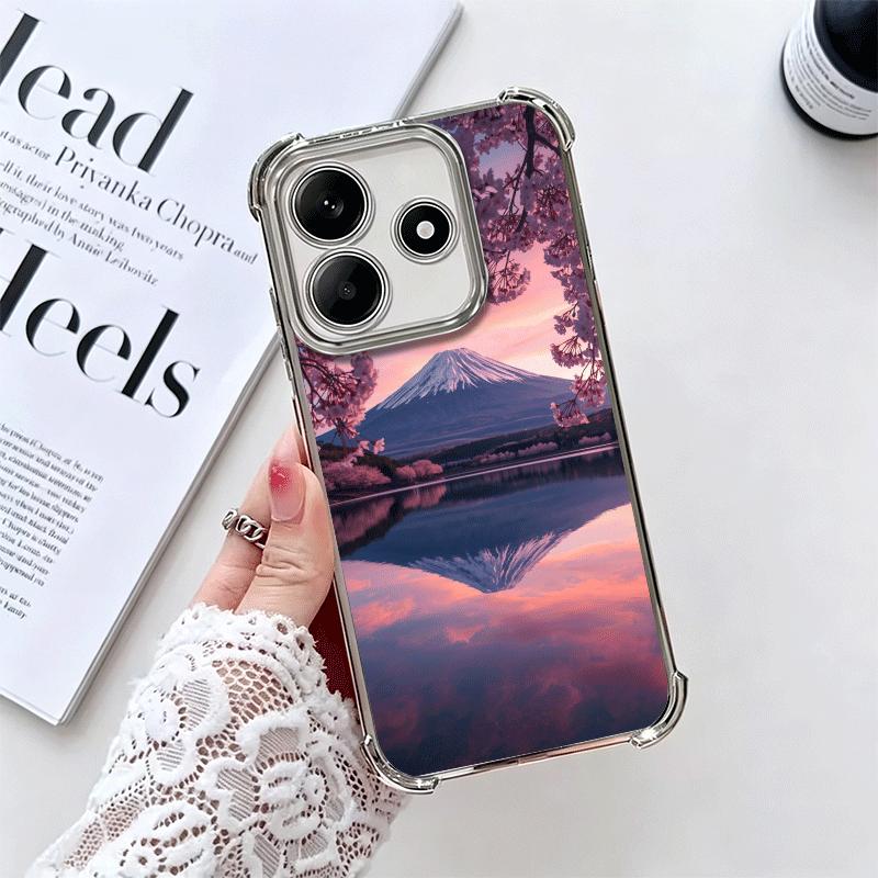

Japanese Pink Cherry Mount Fuji Soft Phone Case For Xiaomi Redmi Note 14 15 Pro Plus 13 12 11S 11T 5G 10 9S 9 Plating Anti-Fall Redmi Note 15 5G