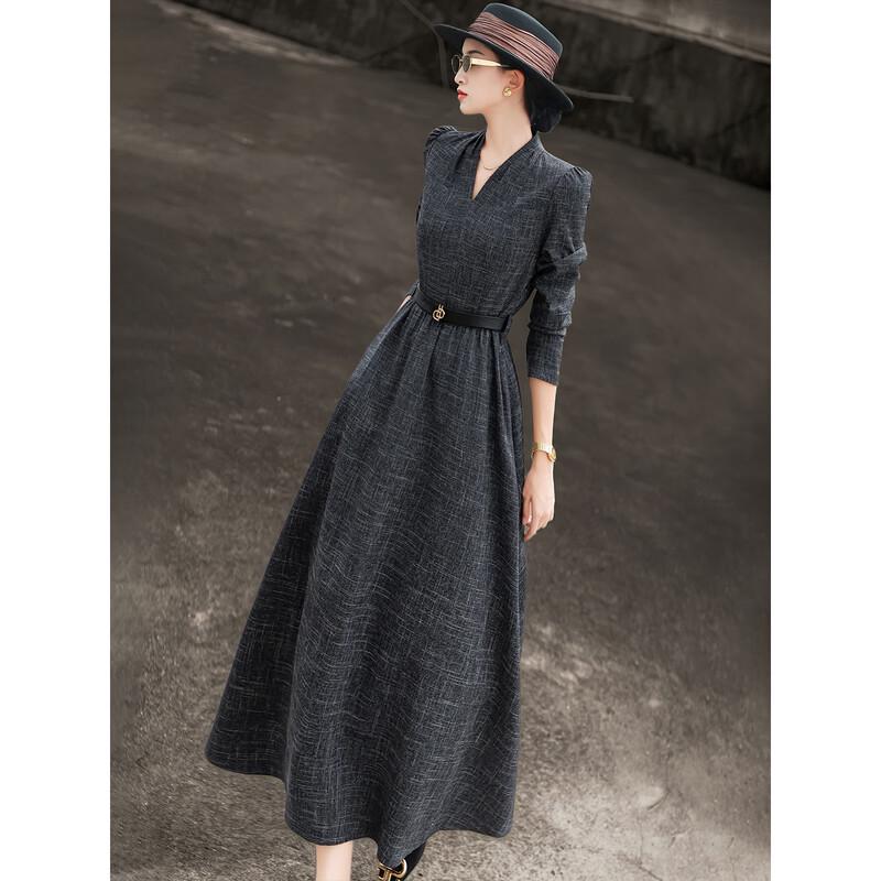 Lanseer Elegant V-Neck Long Sleeve Midi Dress