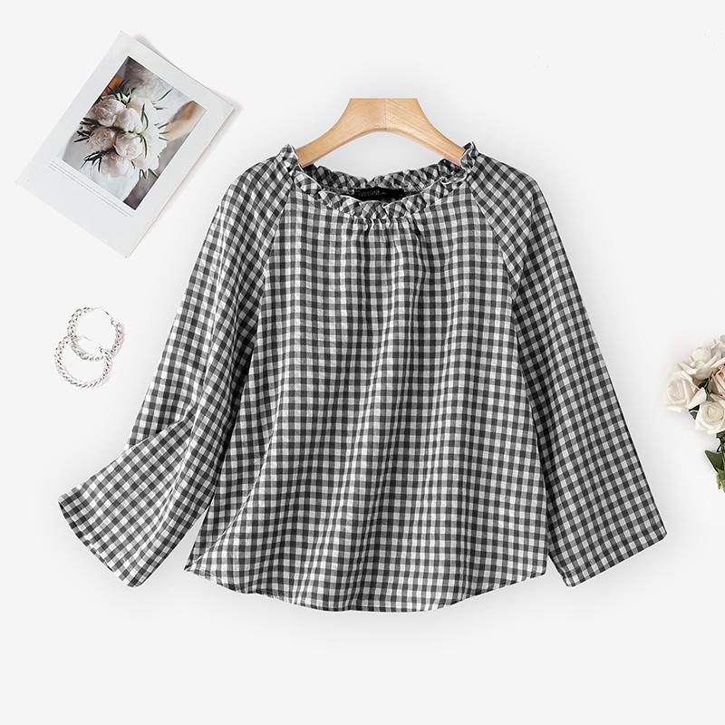 ZANZEA Women Plaid Print Casual Round Neck Long Sleeve Blouse