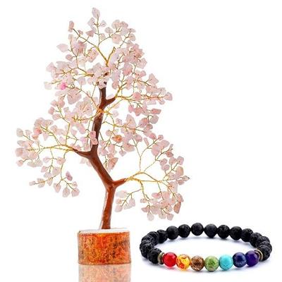 Clear Quartz Crystal Natural Gemstone Bonsai Money Tree Figurine with Chakra Bracelet Ffice Decor, 300 Beads Size 27.9 Cm X 30.48 Cm