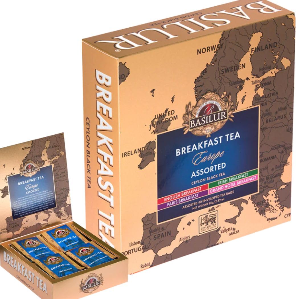 

Basil Tea Gift Breakfast European Assortment of 4 40 Individually Wrapped Tea Bags Paris Grand Set Tea, Varieties, (English, Irish, Hotel) [72420]