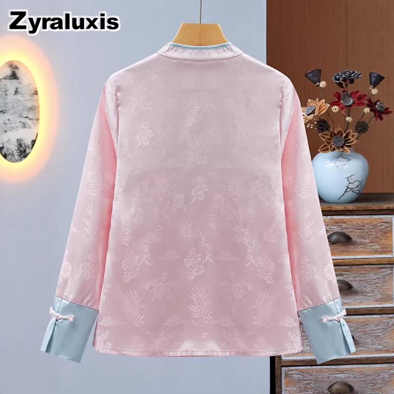 New Chinese Style Outer Shirt for Women, Lightweight Satin Textured Dressy Top, Retro Slanted Collar Button-Down Autumn Undershirt