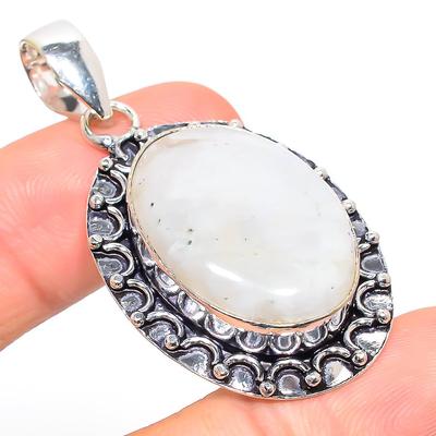 Natural Rainbow Moonstone Gemstone 925 Sterling Silver Pendant 2.05" m6T10