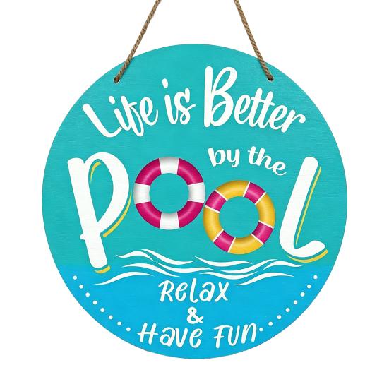 Swimming Pool Sign Summer Wooden Hanging Sign, Weather Resistant Solid Wood Plaque with Outdoor Wall Art Hemp Rope for Beach Party And Decoration