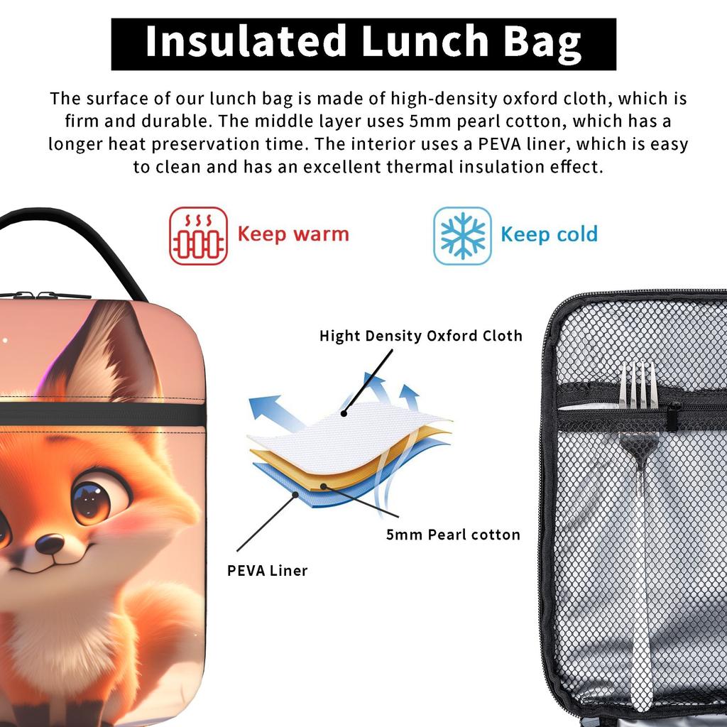 Cute Fox Lunch Bag For Adult Print Lunch Box Fun Picnic Cooler Bag Portable Oxford Thermal Tote Handbags