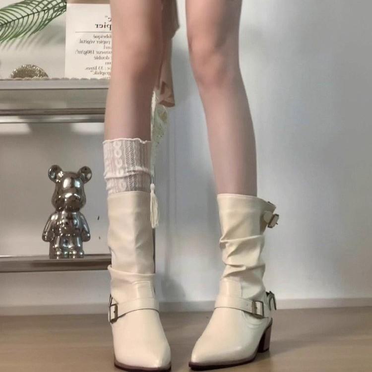 Yueyu Versatile British Martin Boots Women's Thick Heel Skinny Short Western Cowboy Boots White Pointed Pile Boots