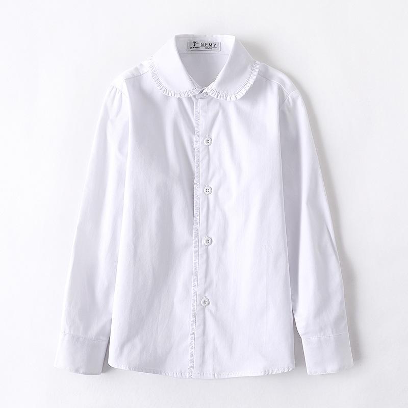 Girls' White Fleece-Lined Cotton Shirt: Long-Sleeved School Uniform for Elementary to Middle School.