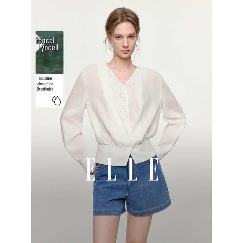 ELLE Linen Embroidery Lace V-Neck Blouse M белый