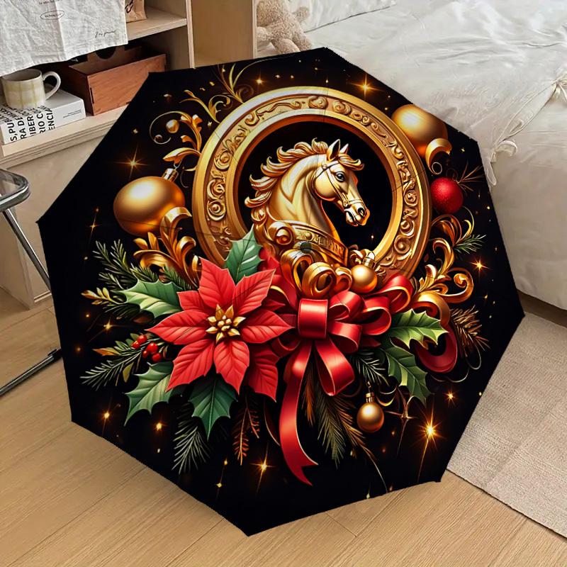 

1pc Golden Horse Decoration Fashionable Automatic Opening/Closing Folding Umbrella with 8 Iron Bones, Plastic Handle yy251015067