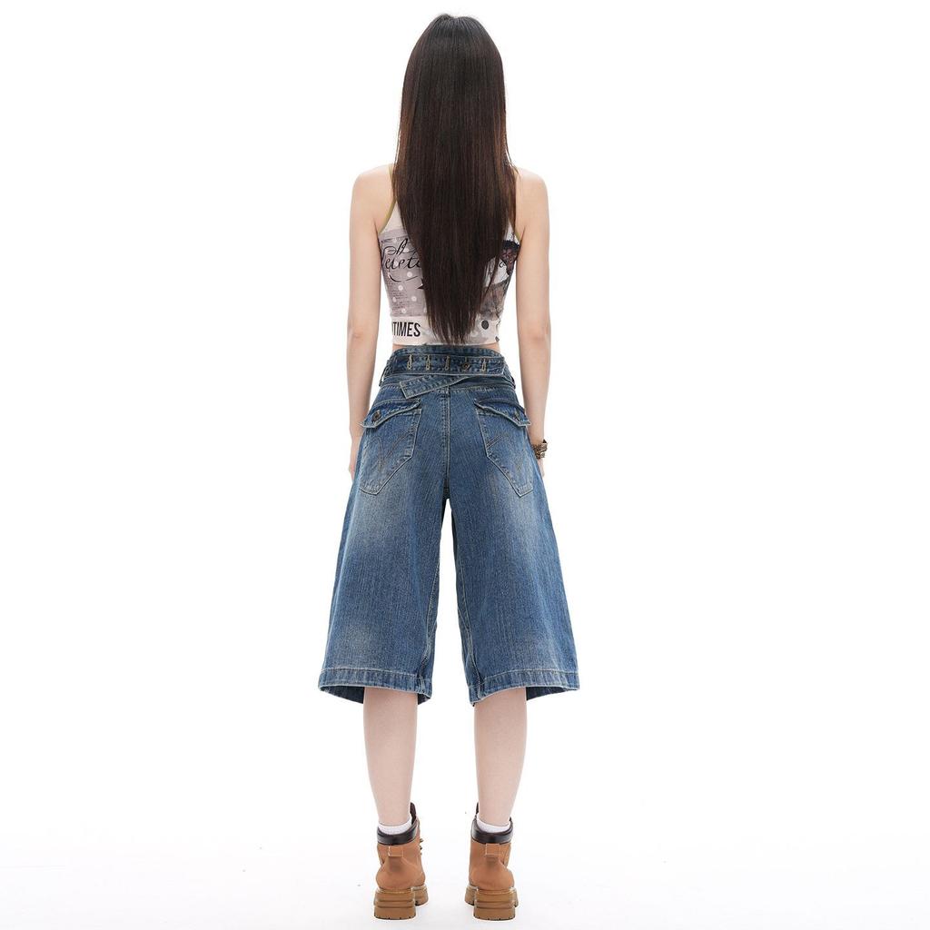 Fashion Summer Vintage Paris Button Detailed Wide Leg Denim Cropped Capri Pants For Women Loose Straight Trendy Versatile Slimming Design