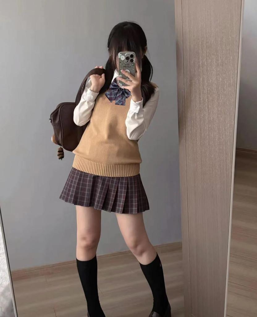 QOOLY Cute Sleeveless Knit Sweater Set for Junior High School Perfect for and Khaki Long Size Students, Welcome/Farewell Parties, Graduations, More.