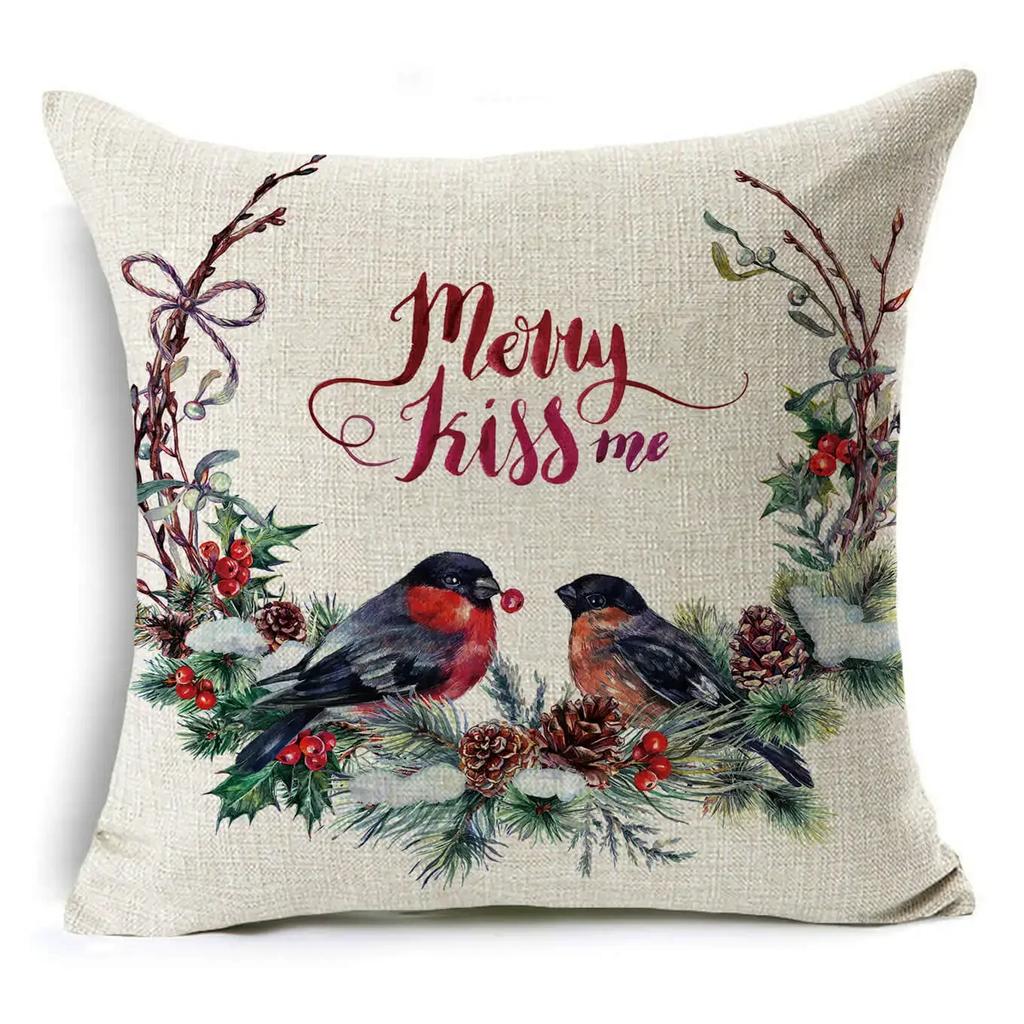 45*45Cm Merry Christmas Cushion Cover Birds Garland Pillowcase Single Sided Print Polyester Sofa Pillow Case For Home Xmas Decor